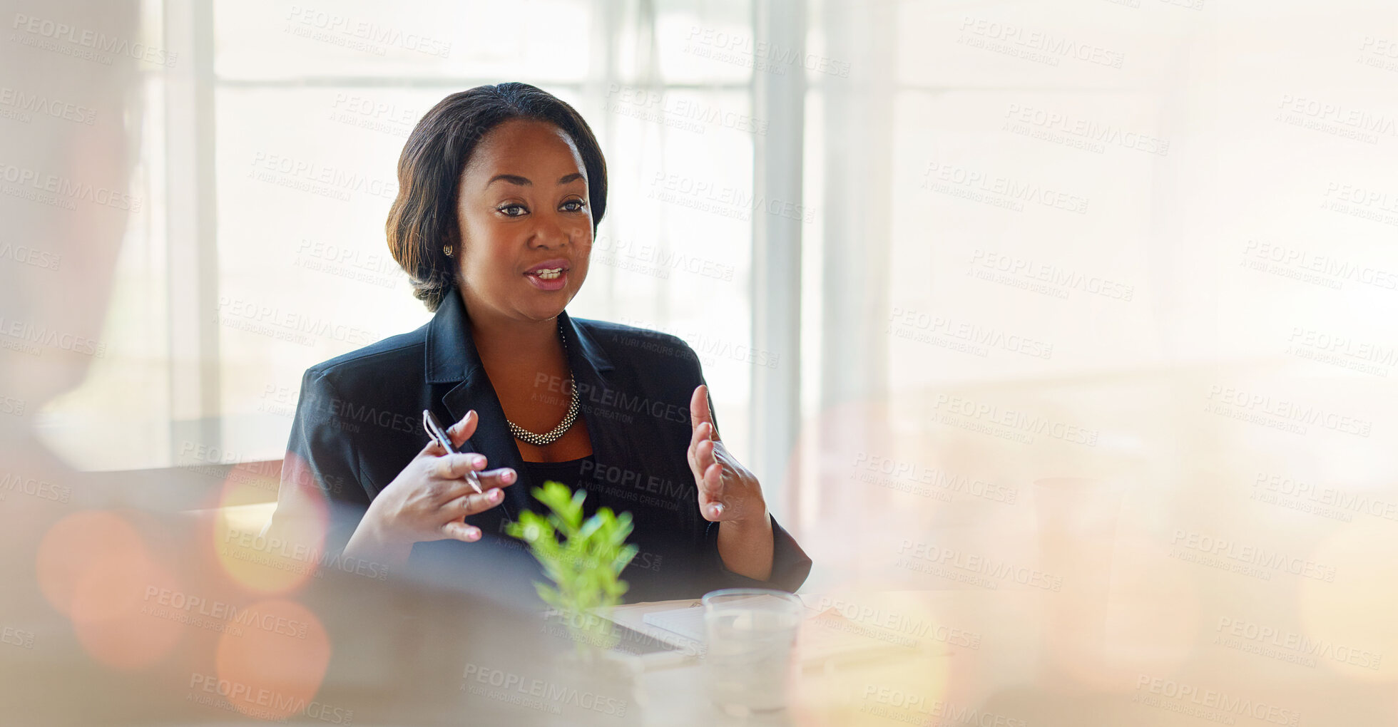 Buy stock photo African leader talking, plan and information in meeting, banner and business, communication and bokeh. Mockup space, seminar or workshop with black woman, presentation and speaker in conference room