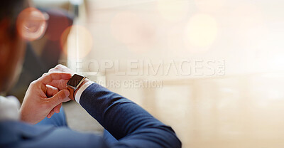 Buy stock photo Check watch, person and time management with banner, business and mockup space with productivity. Corporate employee, job and workflow with clock, responsibility and bokeh, hands and schedule