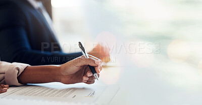 Buy stock photo Hands, business woman and pen for planning employee schedule, administration and company agenda in office. Corporate, writing and entrepreneur with project planner, checklist and job report for work