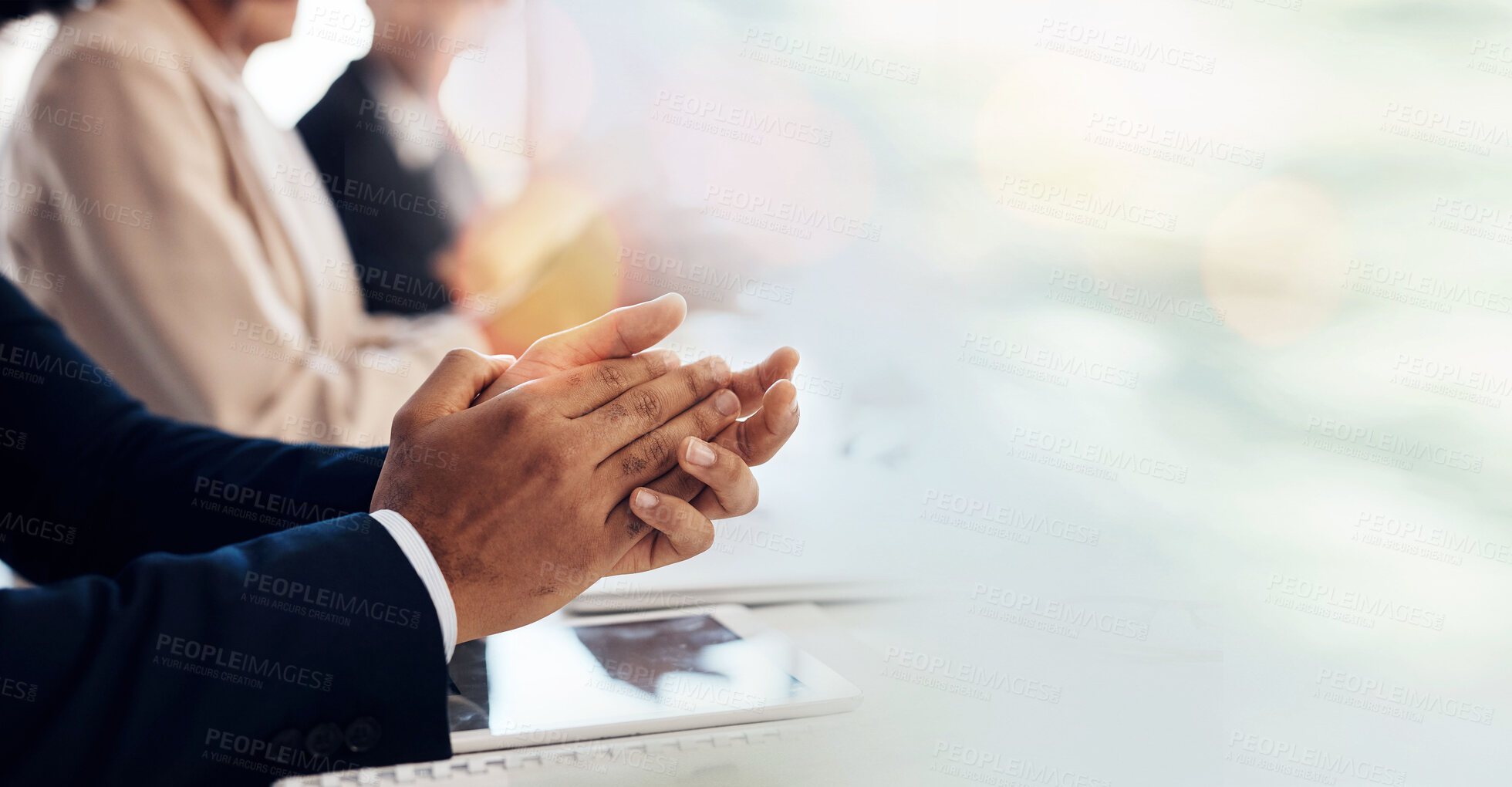 Buy stock photo Hands, applause or mockup in business meeting with audience for support or motivation in presentation. Wow, happy people or excited team clapping for success or achievement in seminar event in office