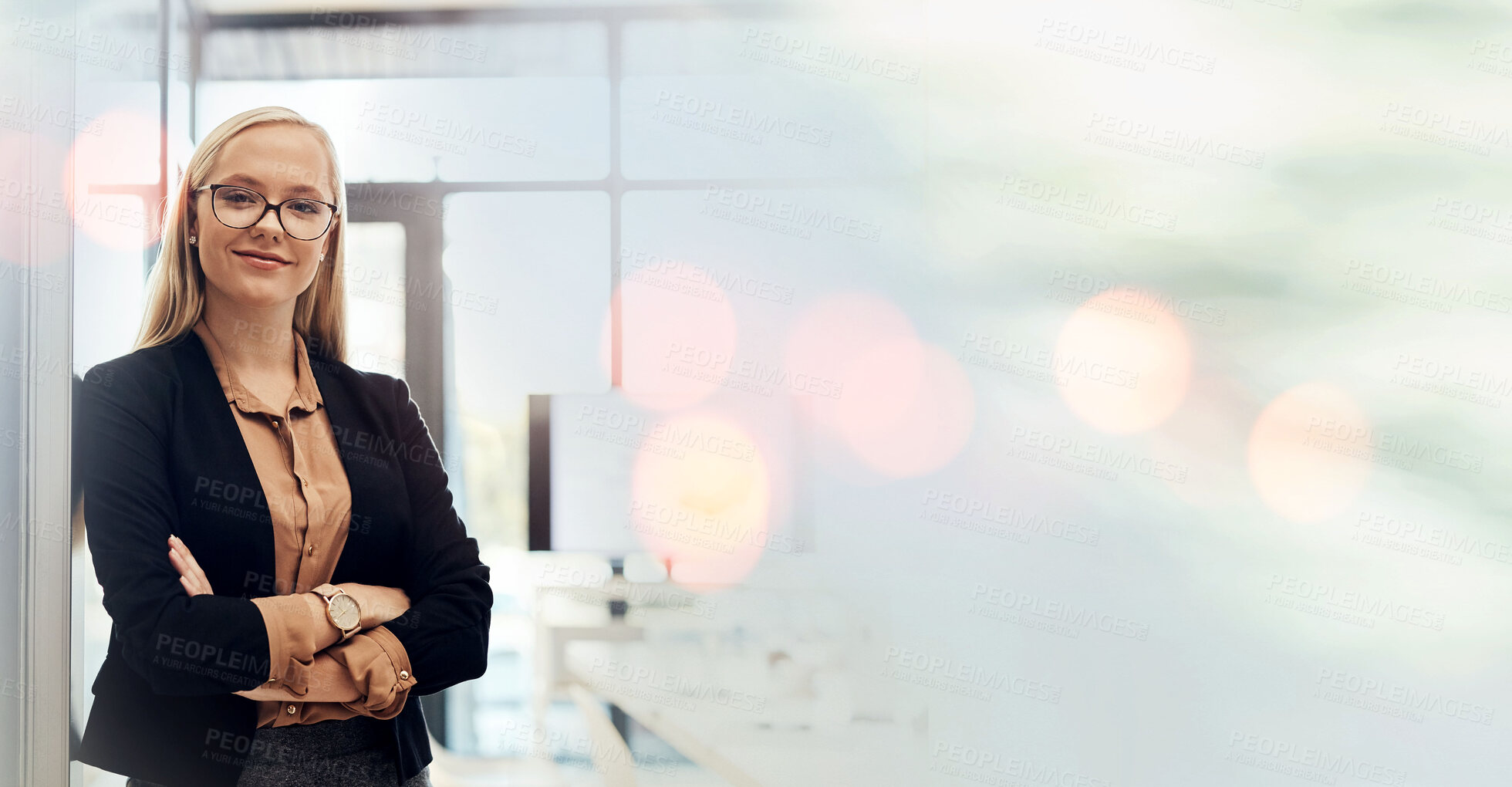 Buy stock photo Arms crossed, mockup or portrait of businesswoman with smile, confidence or mission for development. Space, female CEO or proud manager with leadership, experience or optimistic attitude in office