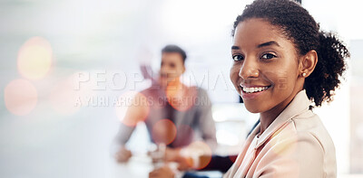 Buy stock photo Portrait, business and happy black woman in office, company or corporate workplace bokeh. Face, lawyer and  African professional employee, worker or legal attorney smile for career on mockup space