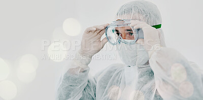 Buy stock photo PPE, person goggles and safety suit of lab worker and healthcare professional in hospital or clinic. Cleaning, bacteria protection and face mask with virus, pharmacy and wellness research with bokeh