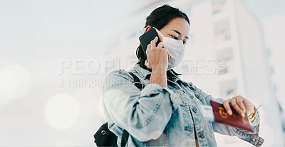 Buy stock photo Travel, passport and woman with mask and phone for taxi, call or communication of time, schedule or flight departure. Traveling, safety and person check watch in cellphone conversation with driver 