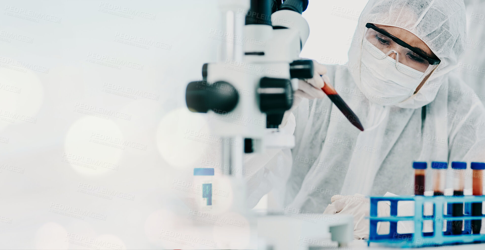 Buy stock photo Science, blood sample and scientist in a hazmat suit doing research, experiment or study on dna. Pathology, professional and researcher working with rna vials for medical innovation in a laboratory.