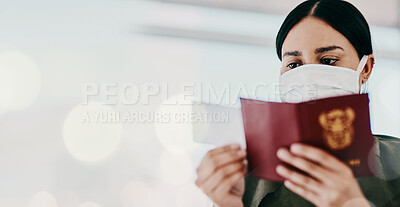 Buy stock photo Travel banner, woman and face mask with passport and plane ticket, compliance with Covid rules and airport. Mockup space, bokeh and journey with identity document, booking and flight with health