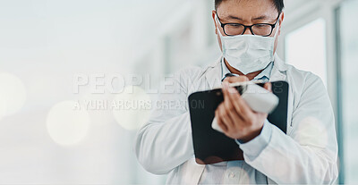 Buy stock photo Covid, doctor and tablet in hospital for online consulting, corona virus and medical analysis with mask. Healthcare, person and professional with digital tech for research and planning at work