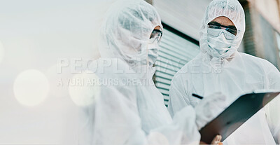 Buy stock photo People, face mask and PPE with clipboard and doctor, Covid compliance with mockup space and bokeh. Health, protection gear and virus with banner, insurance and checklist with safety at hospital