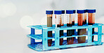 Blood, DNA and science, test tube and health, medical research with mockup space and closeup. Bokeh, healthcare and sample for experiment, medicine and pharmaceutical with background in a laboratory