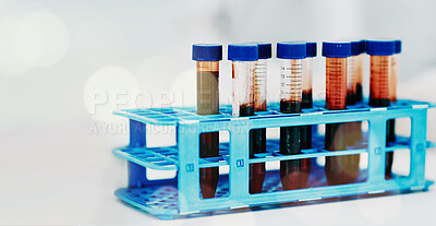 Blood, DNA and science, test tube and health, medical research with mockup space and closeup. Bokeh, healthcare and sample for experiment, medicine and pharmaceutical with background in a laboratory