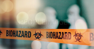 Buy stock photo Warning, tape and danger, biohazard and health, infection and barrier with bokeh, blurred background and science. Caution, biology and threat with medical crisis, safety with protection and toxic