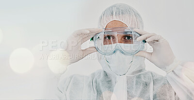 Buy stock photo PPE, person and safety suit goggles of lab worker and healthcare professional in hospital or clinic. Cleaning, bacteria protection and face mask with virus, pharmacy and wellness research with bokeh