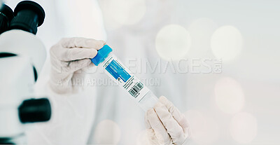 Buy stock photo Pharmaceutical, vaccine and scientist hands with test or sample in lab, research or biotechnology mockup background. Corona, covid19 and chemical cure in tube or microscope analysis in laboratory