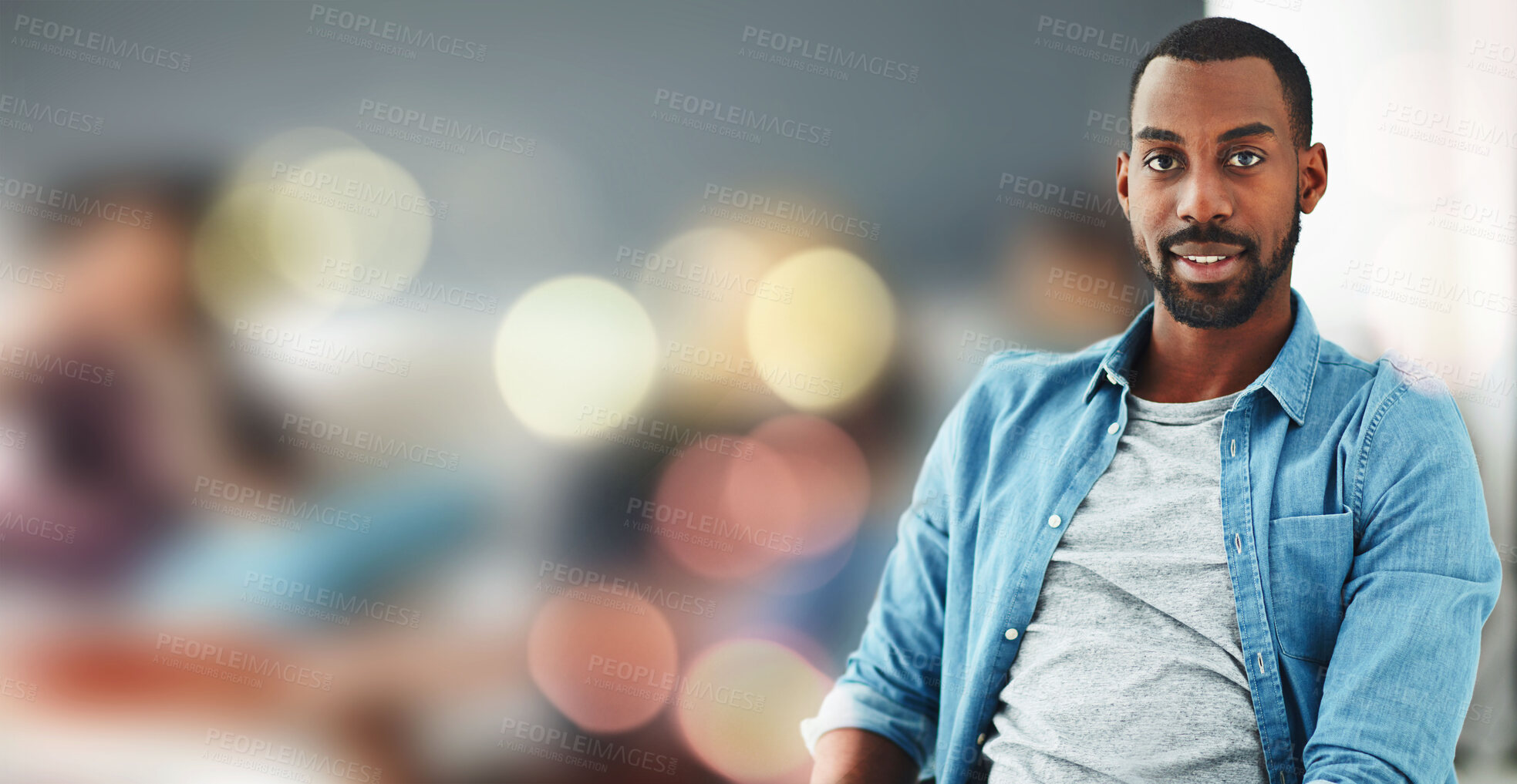 Buy stock photo Portrait, business and black man on banner in office, startup company or workplace on bokeh. Face, designer and happy African professional employee, creative worker and entrepreneur person in career