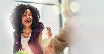 Buy stock photo Business woman, handshake and thank you with happy deal and bokeh with communication. Office agreement and employee contract with professional discussion and worker with startup and mockup space