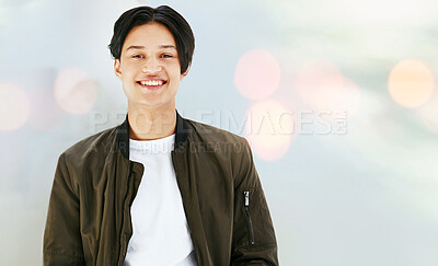 Buy stock photo Fashion, smile and portrait of asian man in studio with confidence, style and positive attitude on mockup background. Style, bokeh and face of Japanese guy model in cool, edgy and fashionable clothes