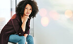 Woman, banner and relax, mindfulness and portrait with ideas, future and calm with mockup space. Wellness, peace and sitting with bokeh, inspiration and dream with awareness, face and looking