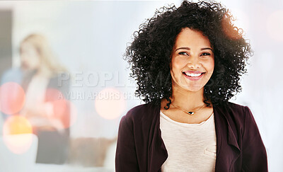 Buy stock photo Face, portrait and woman in administration with smile for job opportunity and company values with bokeh. Professional, entrepreneur and person in business with pride, leadership and happiness 