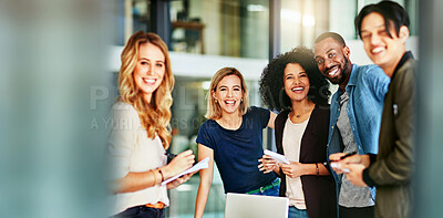 Buy stock photo Portrait, business collaboration and employee diversity in workplace for teamwork and global startup. Team building, happiness and international workforce with support and solidarity in office 