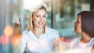 Buy stock photo Business women, office and happy conversation with teamwork and bokeh with communication. Collaboration, planning and employee  with professional discussion and worker with startup company talk