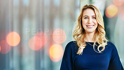 Buy stock photo Portrait, business woman and smile in office on bokeh, startup company or workplace. Face, designer and happy professional employee, creative worker and entrepreneur person on mockup space in Canada