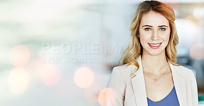 Buy stock photo Portrait, business and woman in office on banner, corporate company and workplace bokeh. Face smile, entrepreneur and professional employee, worker and happy consultant on mockup space in Australia.