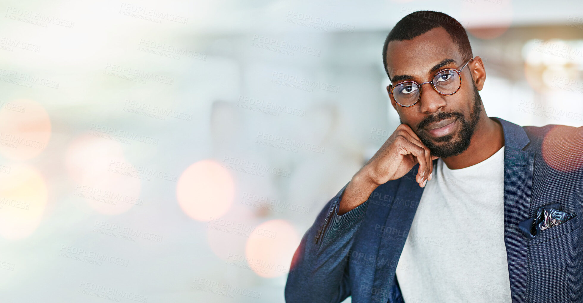 Buy stock photo Portrait, business and black man in glasses at office on bokeh mockup space. Face, professional and confident African entrepreneur, consultant and employee worker in company workplace in Nigeria.