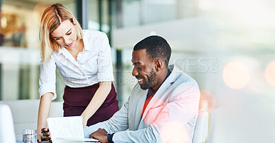 Buy stock photo Manager, teamwork or black man in training or learning info on feedback in office with paperwork. Bokeh, documents or woman teaching business, coaching or helping with research advice or support