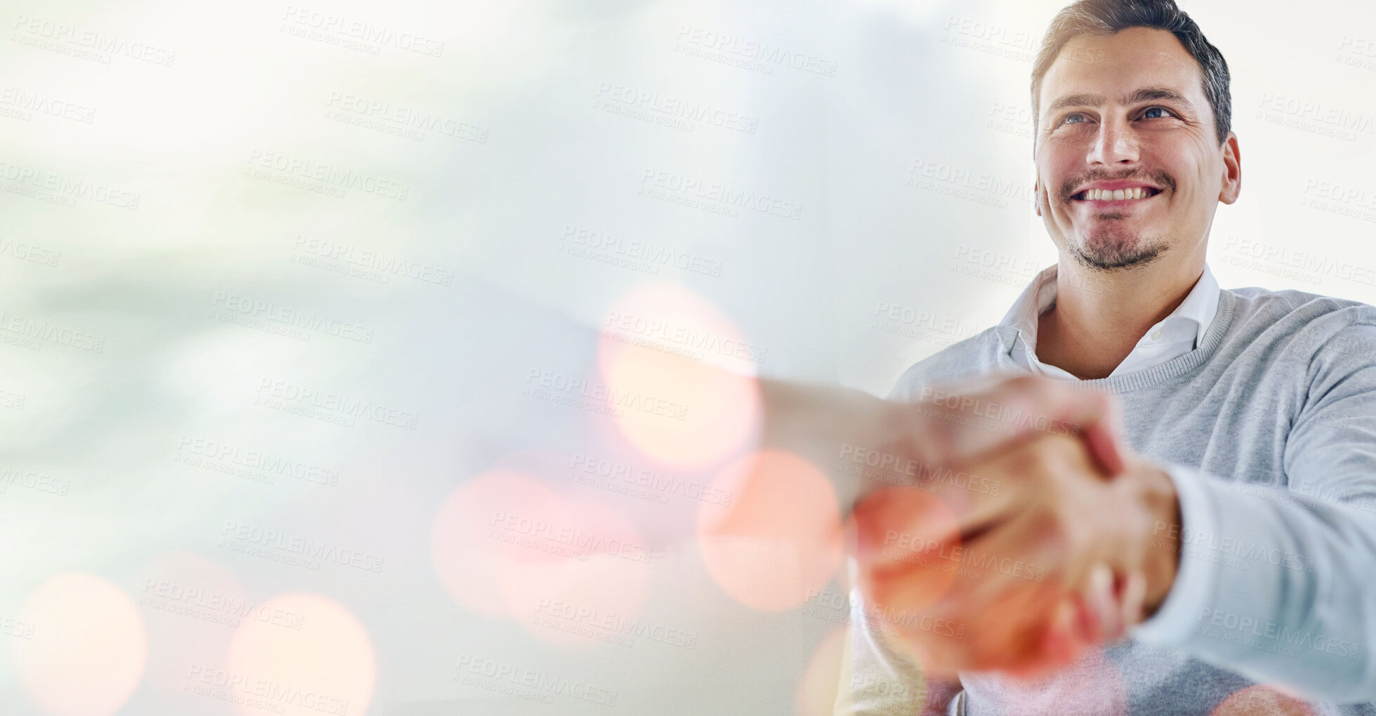 Buy stock photo Mockup, handshake and businessman in a b2b meeting for onboarding, job search or contract agreement. Bokeh, hiring space or happy boss shaking hands to welcome a worker in a partnership project deal 