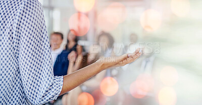 Buy stock photo Person, speaker and presentation in meeting, seminar or conference for training staff against a bokeh background. Professional business leader talking to people, audience or workshop on mockup space