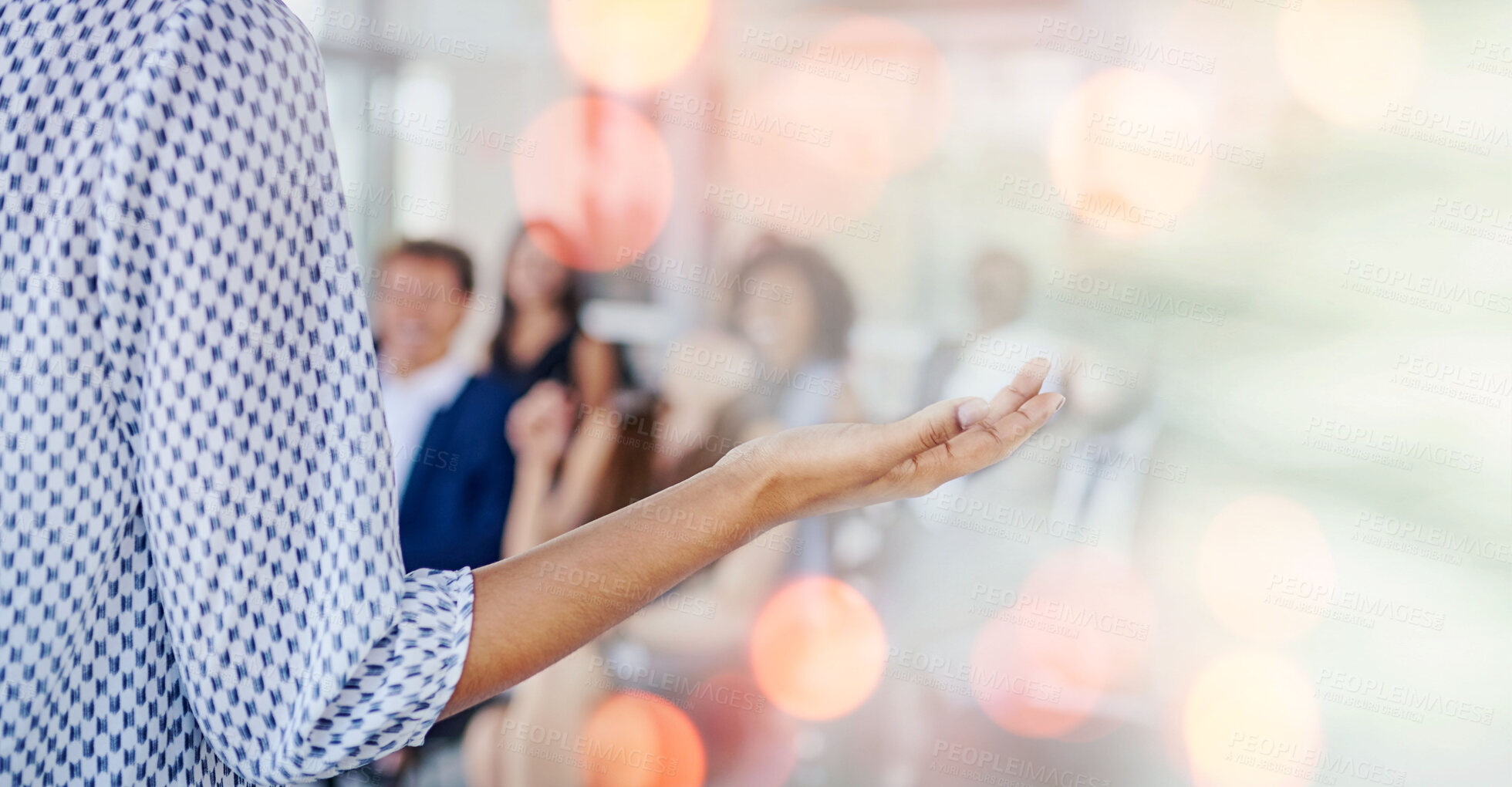 Buy stock photo Person, speaker and presentation in meeting, seminar or conference for training staff against a bokeh background. Professional business leader talking to people, audience or workshop on mockup space