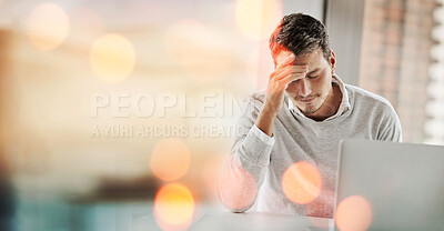 Business man, pain and headache with laptop and glitch, software error and stress, deadline and mockup space. System fail, mistake and frustrated, website 404 on pc with bokeh, banner and migraine