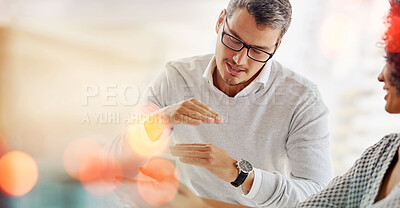 Buy stock photo Mockup, teamwork or man talking to woman in meeting to explain a strategy or speaking of ideas. Bokeh space, leader or startup manager consulting for teaching, coaching or helping in business advice