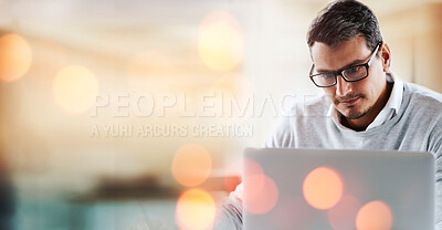 Buy stock photo Online, bokeh or entrepreneur trading on laptop or digital app for networking on website to search. Mockup space, businessman or trader reading news on a stock market blog for an update on investment