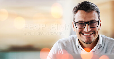 Buy stock photo Portrait, business and happy man on bokeh in office, company or startup workplace banner. Face, designer and professional employee, creative worker and smile in glasses on mockup space in Australia.