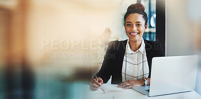 Buy stock photo Portrait, business and woman with a laptop, smile or banner with bokeh, notebook or consultant in workplace. Face, person or employee with a pc, writing or overlay with connection or project planning