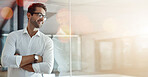 Mockup, thinking and business man by window for brainstorming, problem solving and planning. Corporate company, banner and worker in office with ideas for mission, solution and project management
