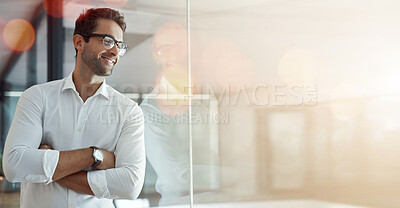 Buy stock photo Mockup, thinking and business man by window for brainstorming, problem solving and planning. Corporate company, banner and worker in office with ideas for mission, solution and project management