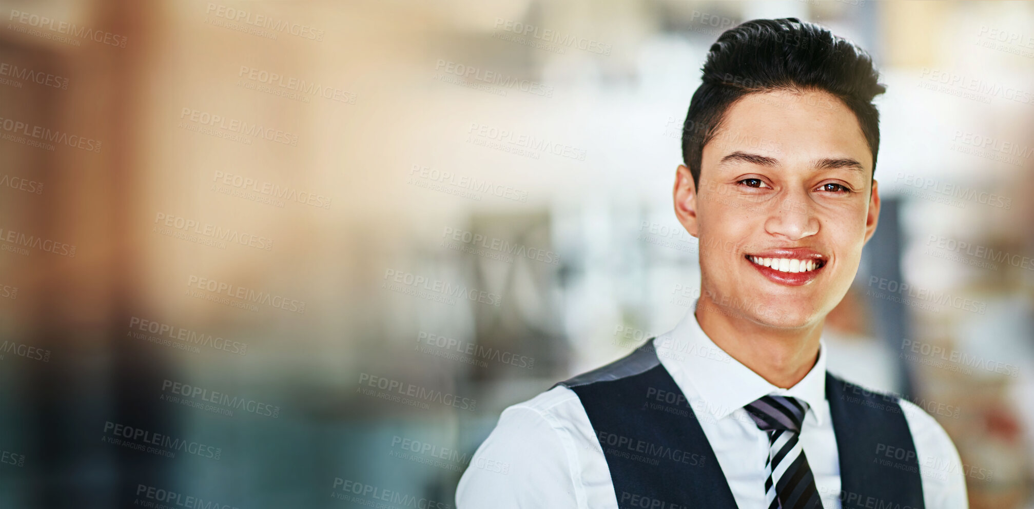 Buy stock photo Face, lawyer and business man in office, company or corporate workplace mockup space. Portrait, attorney and happy professional employee, worker and advocate smile for career in law firm in Brazil