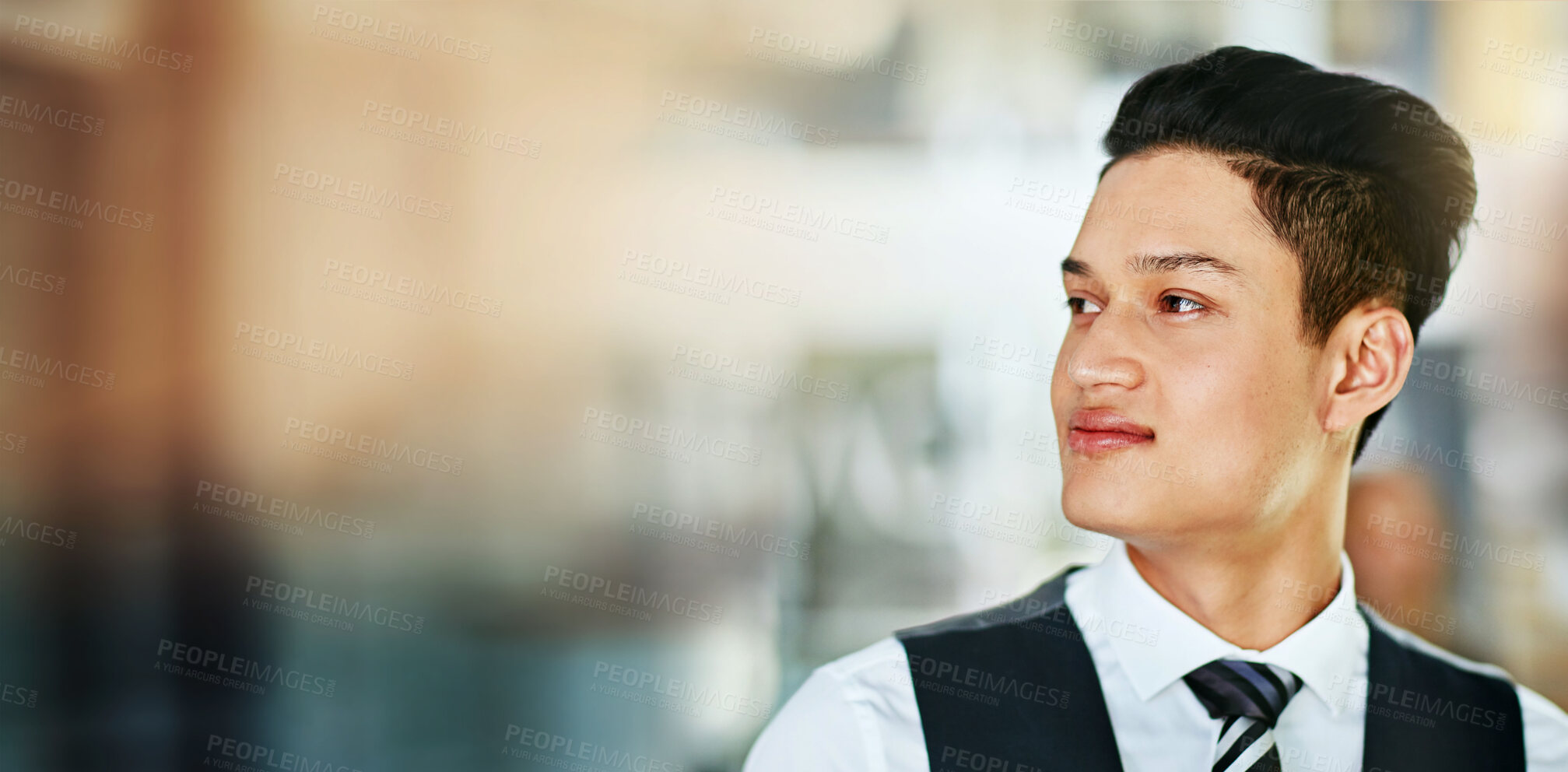 Buy stock photo Businessman, thinking and face of man in office with confidence and positive attitude for startup. Employee, professional and young entrepreneur smile and dreaming of company success or idea at work