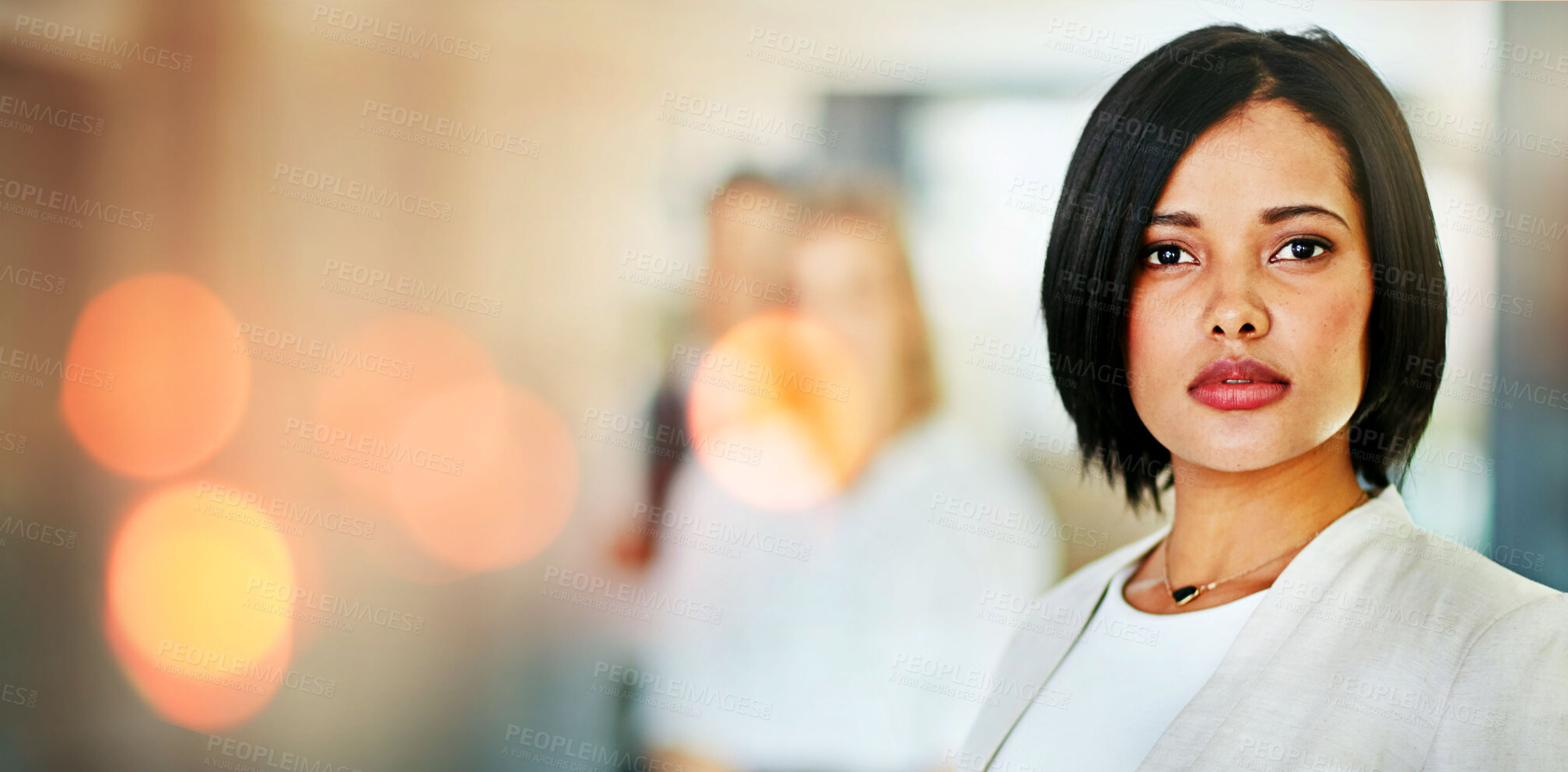 Buy stock photo Portrait, business and woman with a career, banner and professional with confidence, office and formal. Face, person or consultant in a workplace, overlay or company development with success or bokeh