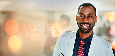 Buy stock photo Portrait of lawyer, business and black man in office, company or workplace bokeh. Face, attorney and happy African professional employee, worker or legal advocate smile in suit for career in law firm