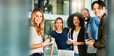 Buy stock photo Business, collaboration and portrait of employee diversity in workplace for teamwork and global startup. Team building, happiness and international workforce with support and solidarity in office 