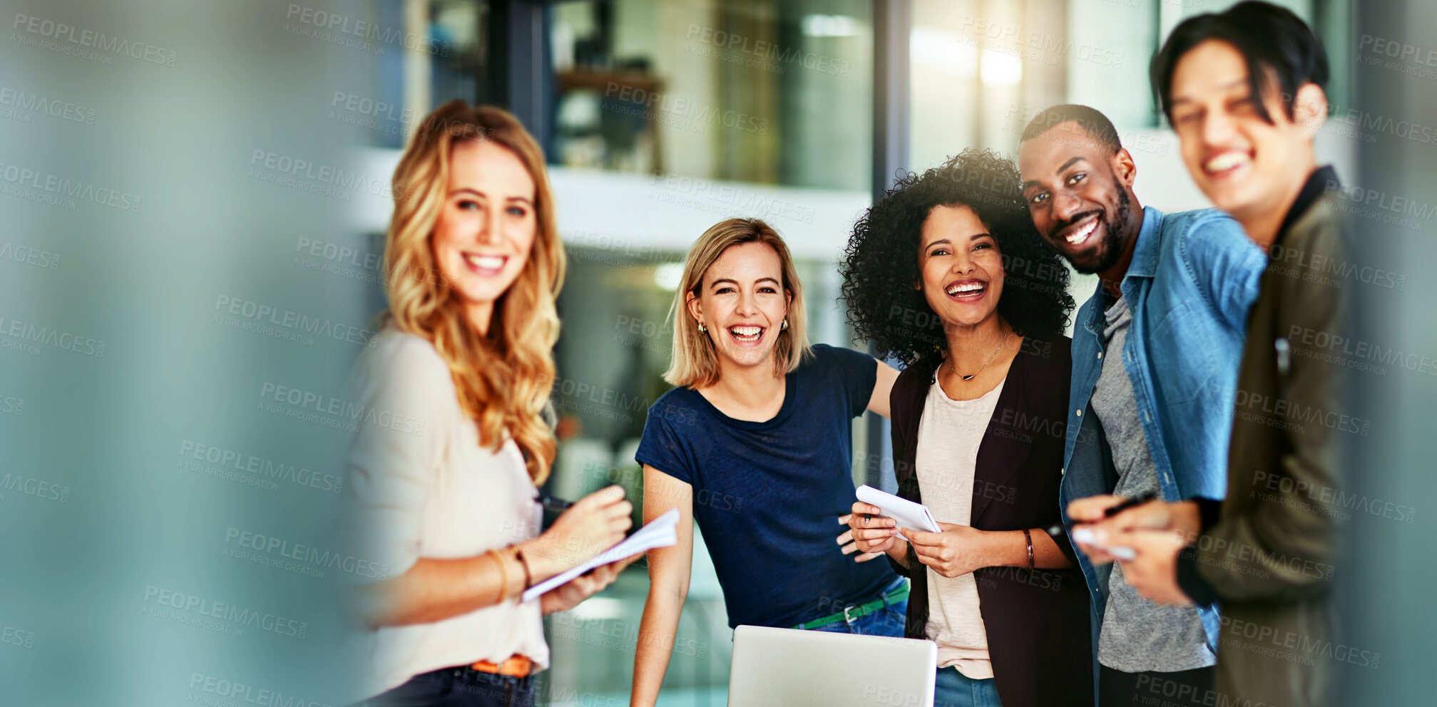 Buy stock photo Business, collaboration and portrait of employee diversity in workplace for teamwork and global startup. Team building, happiness and international workforce with support and solidarity in office 