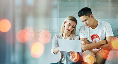 Buy stock photo Document, discussion and people in the office with mockup space, banner and bokeh for marketing. Paperwork, conversation and woman mentor talking to a young man business student in modern workplace.