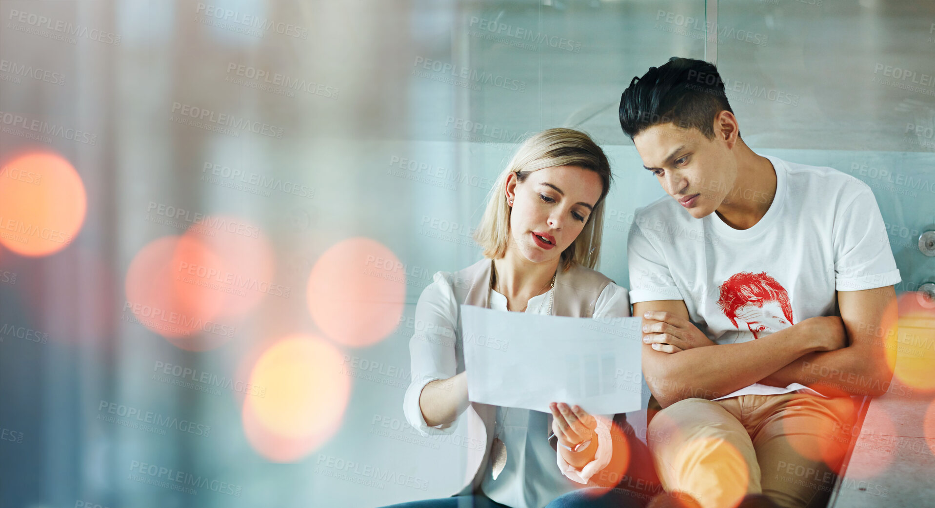 Buy stock photo Document, discussion and people in the office with mockup space, banner and bokeh for marketing. Paperwork, conversation and woman mentor talking to a young man business student in modern workplace.