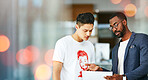 Document, discussion and men in the office with mockup space, banner and bokeh for marketing. Paperwork, conversation and male mentor talking to a young man business student in modern workplace.