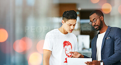 Buy stock photo Document, discussion and men in the office with mockup space, banner and bokeh for marketing. Paperwork, conversation and male mentor talking to a young man business student in modern workplace.