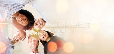 Buy stock photo Business people, huddle and diversity, team with banner and low angle, smile in portrait with mission and trust. Mockup space, bokeh and strategy with support, collaboration and corporate group