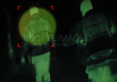 Buy stock photo Military, enemy and target in night vision, overlay or dark green silhouette of spy, agent or terrorist risk to soldier. Police, surveillance and people in infrared security scope for army mission